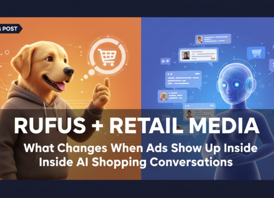 Blog banner titled 'Rufus + Retail Media' with AI shopping theme