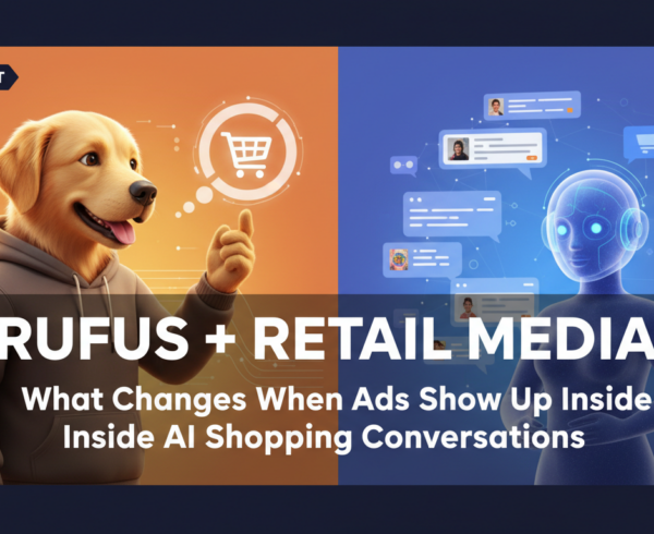 Blog banner titled 'Rufus + Retail Media' with AI shopping theme