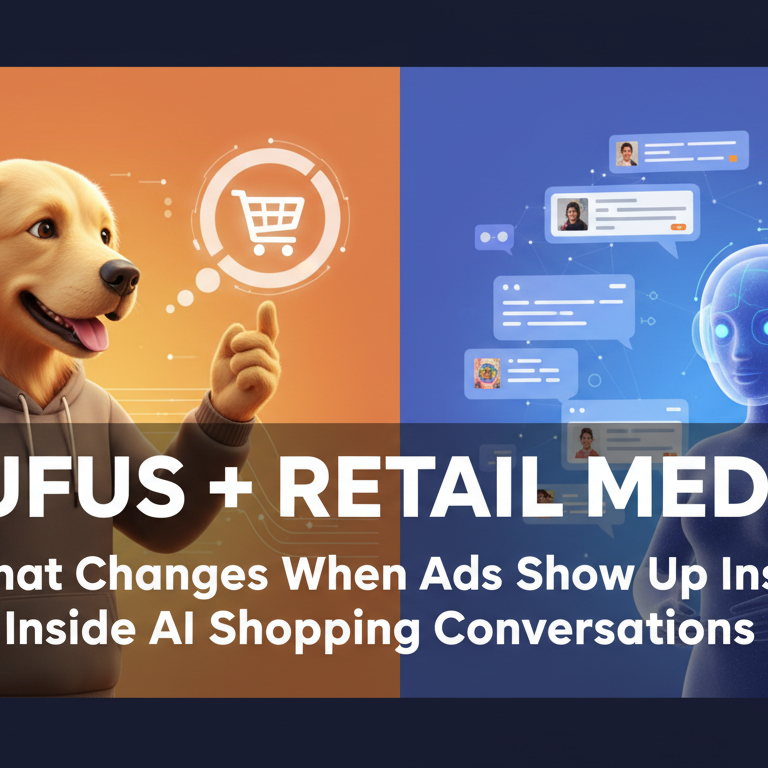 Blog banner titled 'Rufus + Retail Media' with AI shopping theme