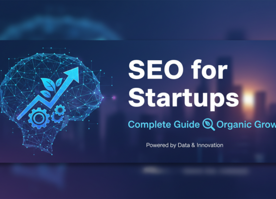Blog banner titled 'SEO for Startups: Complete Guide to Organic Growth' with modern design