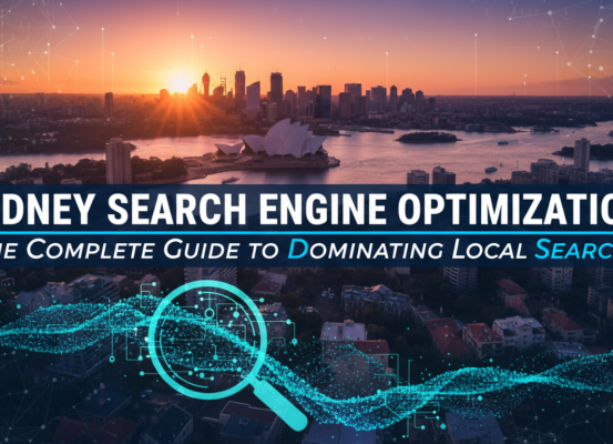 Blog banner titled 'Sydney Search Engine Optimization: The Complete Guide to Dominating Local Search' with urban skyline backdrop.