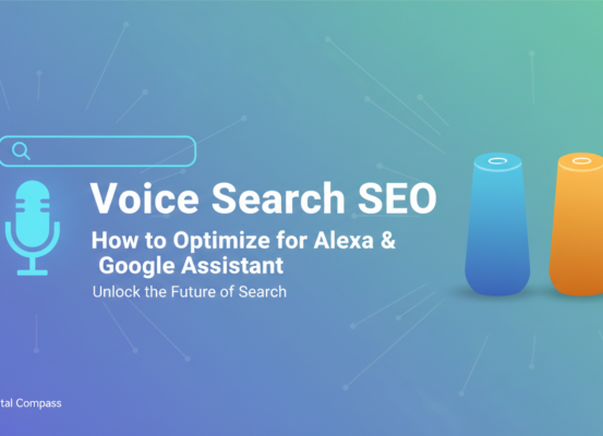 Blog banner titled 'Voice Search SEO: Optimize for Alexa & Google Assistant' with tech-themed design.