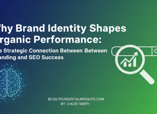 Blog banner titled 'Why Brand Identity Shapes Organic Performance' with SEO theme