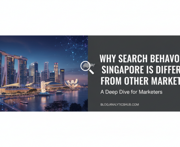 Blog banner titled 'Why Search Behaviour in Singapore Is Different' with a city skyline background.