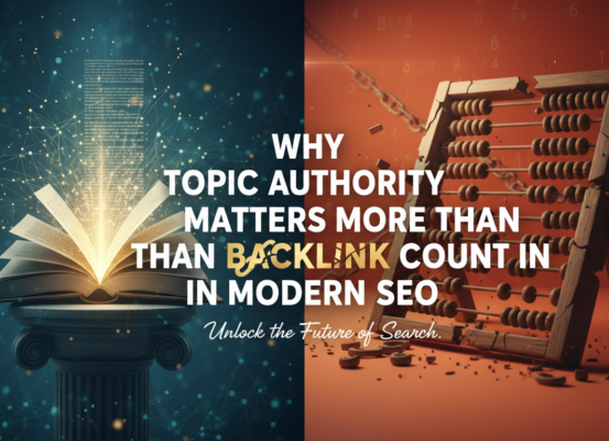 Blog banner titled 'Why Topic Authority Matters More Than Backlink Count in Modern SEO'.