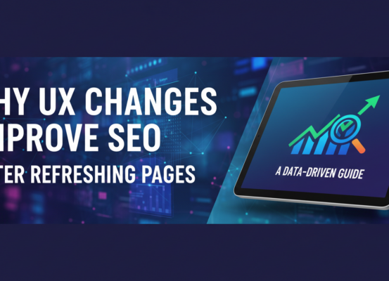 Blog banner titled 'Why UX Changes Improve SEO After Refreshing Pages: A Data-Driven Guide' with a sleek, modern design.