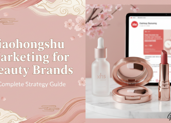 Blog banner titled 'Xiaohongshu Marketing for Beauty Brands: Complete Strategy Guide' with elegant design