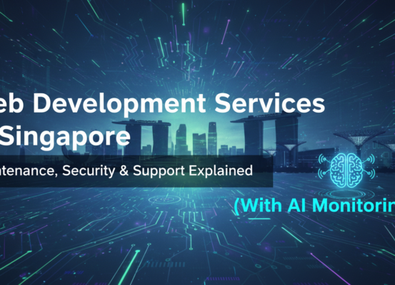 Blog banner: 'Web Development Services in Singapore' with tech icons and city skyline