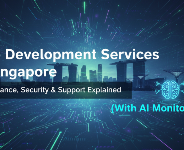 Blog banner: 'Web Development Services in Singapore' with tech icons and city skyline