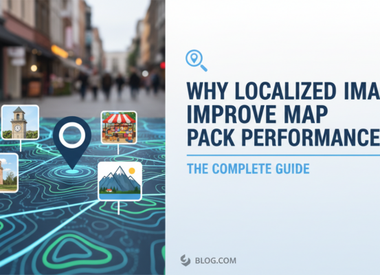 Blog banner: 'Why Localised Images Improve Map Pack Performance: The Complete Guide' with a map background