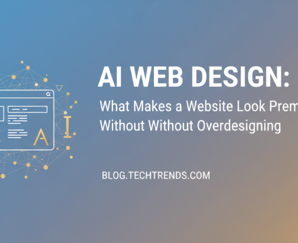 Blog banner with 'AI Web Design: What Makes a Website Look Premium Without Overdesigning' title on sleek, modern background.
