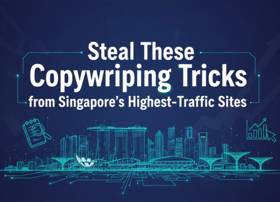 Blog banner with bold title 'Steal These Copywriting Tricks from Singapore's Highest-Traffic Sites' against a dynamic cityscape background.