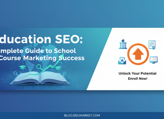 Blog banner with 'Education SEO: Complete Guide to School & Course Marketing Success' in bold font.