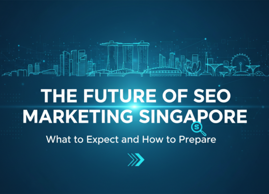 Blog banner with futuristic cityscape, title 'The Future of SEO Marketing Singapore'