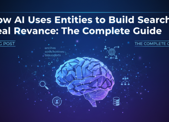Blog banner with 'How AI Uses Entities to Build Search Relevance: The Complete Guide' title