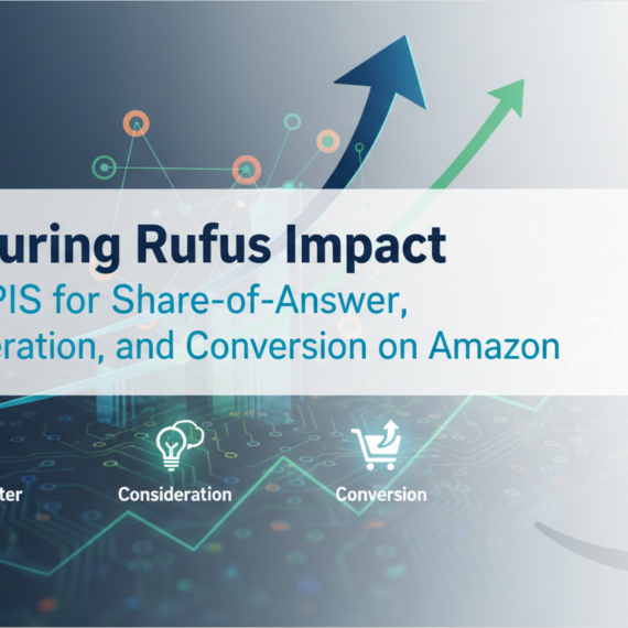 Blog banner with 'Measuring Rufus Impact' title, Amazon KPIs theme