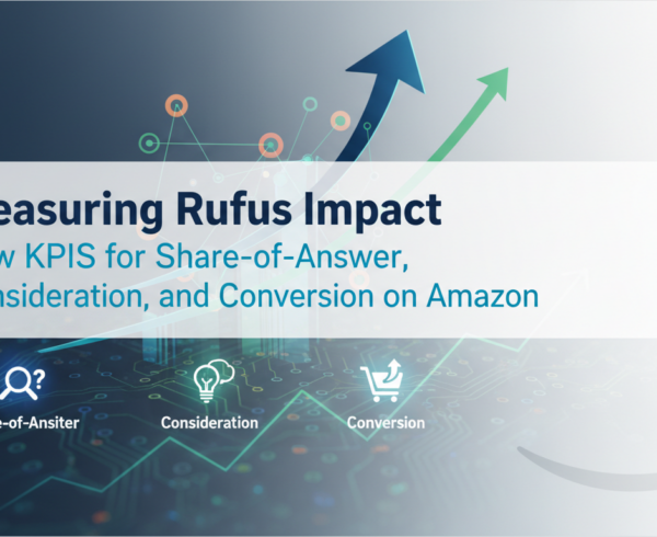 Blog banner with 'Measuring Rufus Impact' title, Amazon KPIs theme