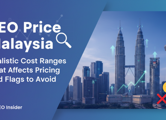 Blog banner with 'SEO Price Malaysia: Realistic Cost Ranges, What Affects Pricing, and Red Flags to Avoid' text on a blue gradient background.