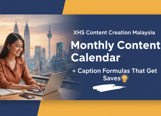 Blog banner with text 'XHS Content Creation Malaysia: Monthly Content Calendar + Caption Formulas That Get Saves' over a vibrant, creative design.