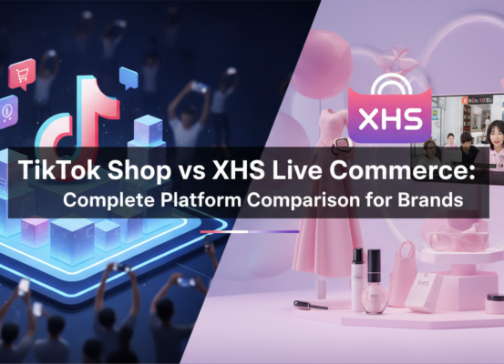 Blog banner with 'TikTok Shop vs XHS Live Commerce' title, vibrant tech theme.