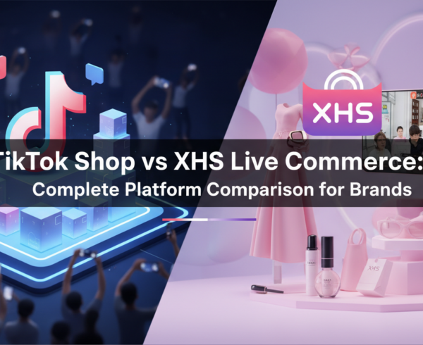 Blog banner with 'TikTok Shop vs XHS Live Commerce' title, vibrant tech theme.