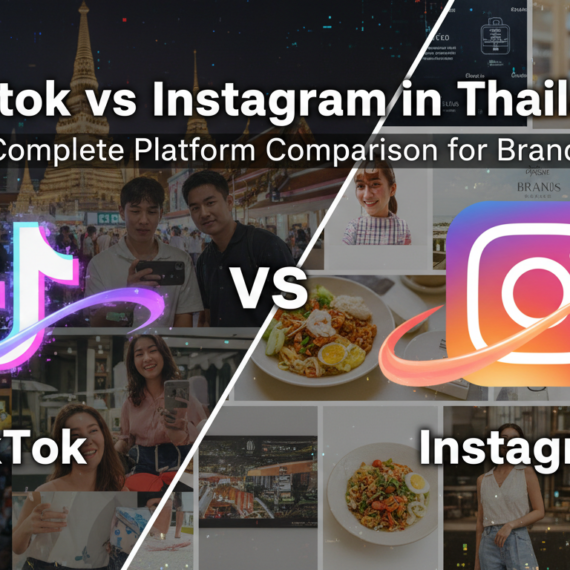 Blog banner with 'TikTok vs Instagram in Thailand' title, colorful social media icons.