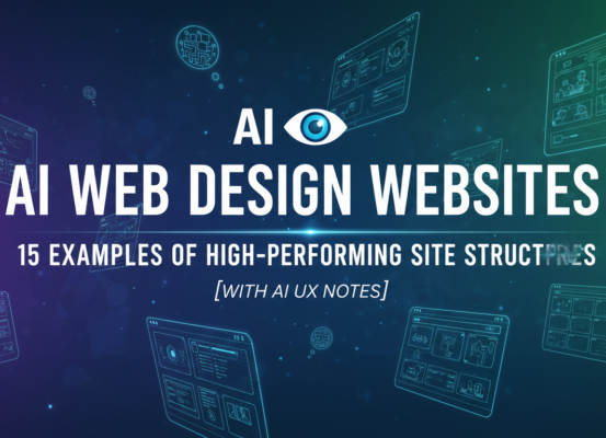 Blog banner with title 'AI Web Design Websites: 15 Examples of High-Performing Site Structures (With AI UX Notes)' in modern digital theme.