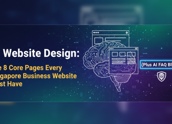 Blog banner with title 'AI Website Design: The 8 Core Pages Every Singapore Business Website Must Have (Plus AI FAQ Blocks)'
