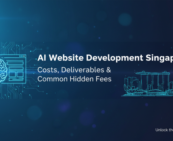 Blog banner with title 'AI Website Development Singapore: Costs, Deliverables & Common Hidden Fees' in modern font.