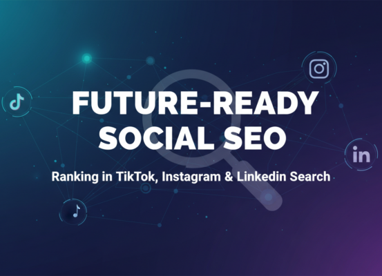 Blog banner with title 'Future-Ready Social SEO' featuring TikTok, Instagram, LinkedIn icons.