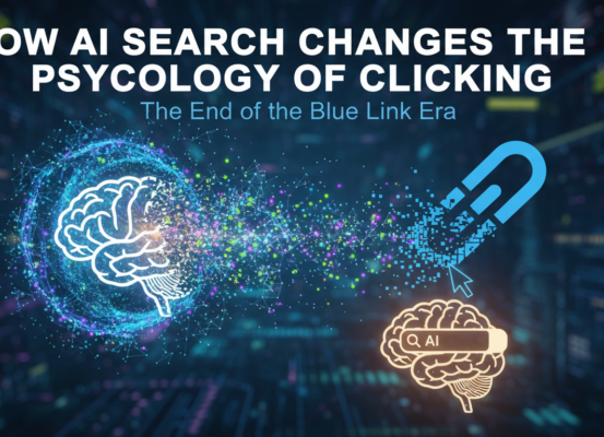 Blog banner with title 'How AI Search Changes the Psychology of Clicking: The End of the Blue Link Era'.
