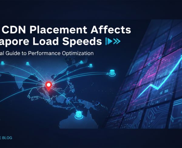 Blog banner with title 'How CDN Placement Affects Singapore Load Speeds', tech-themed design
