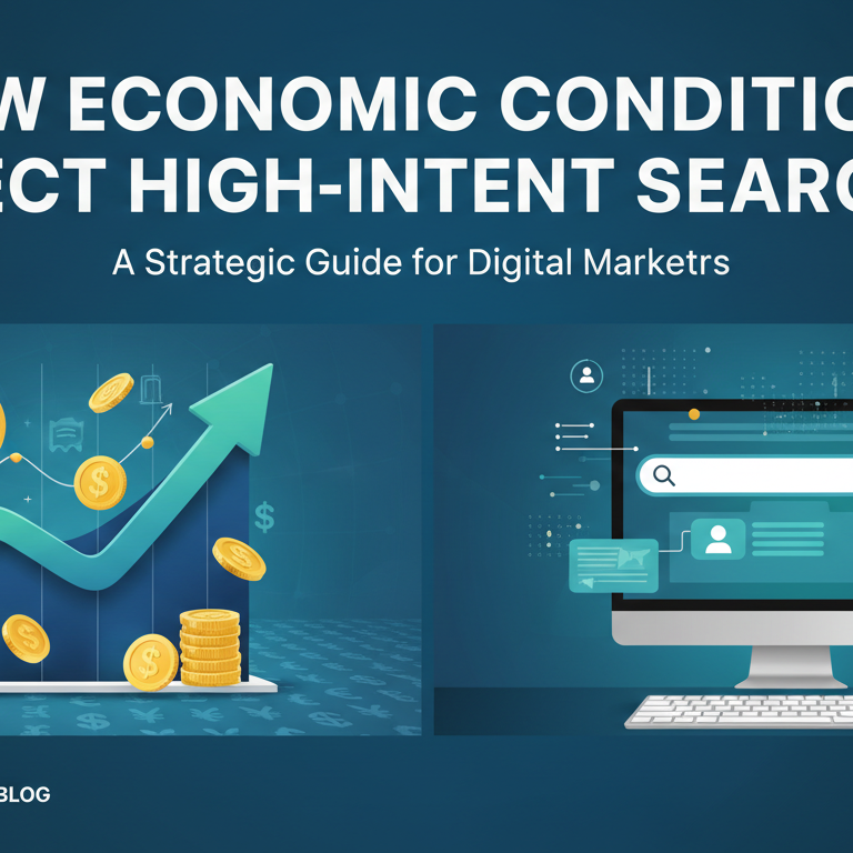 Blog banner with title 'How Economic Conditions Affect High-Intent Searches: A Strategic Guide for Digital Marketers' in bold text over a digital marketing-themed background.
