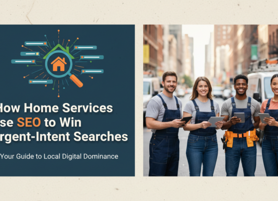 Blog banner with title 'How Home Services Use SEO to Win Urgent-Intent Searches' on a blue background.