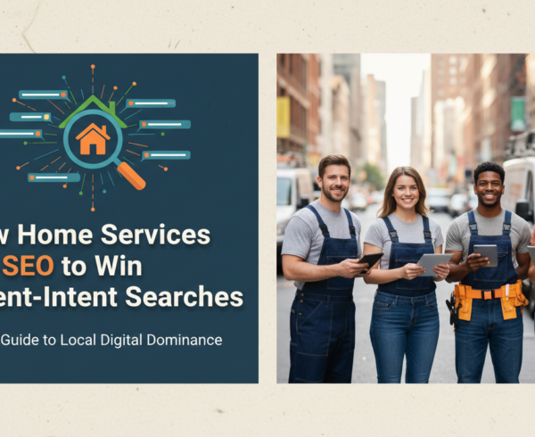 Blog banner with title 'How Home Services Use SEO to Win Urgent-Intent Searches' on a blue background.