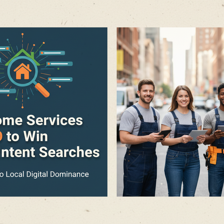 Blog banner with title 'How Home Services Use SEO to Win Urgent-Intent Searches' on a blue background.