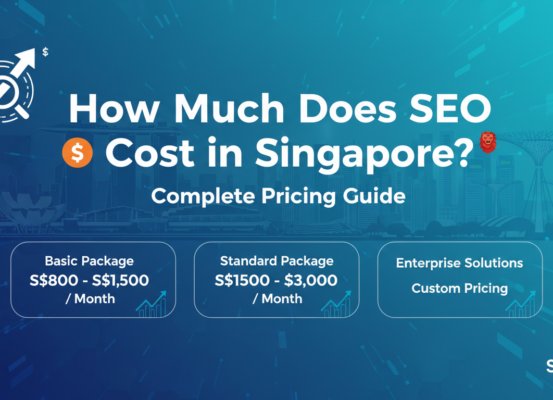 Blog banner with title 'How Much Does SEO Cost in Singapore? Complete Pricing Guide' in bold font.