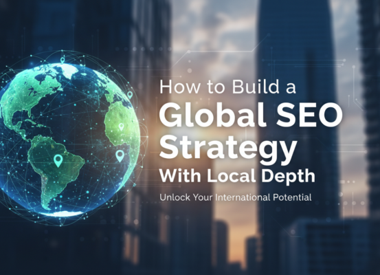 Blog banner with title 'How to Build a Global SEO Strategy With Local Depth' on a digital map background.
