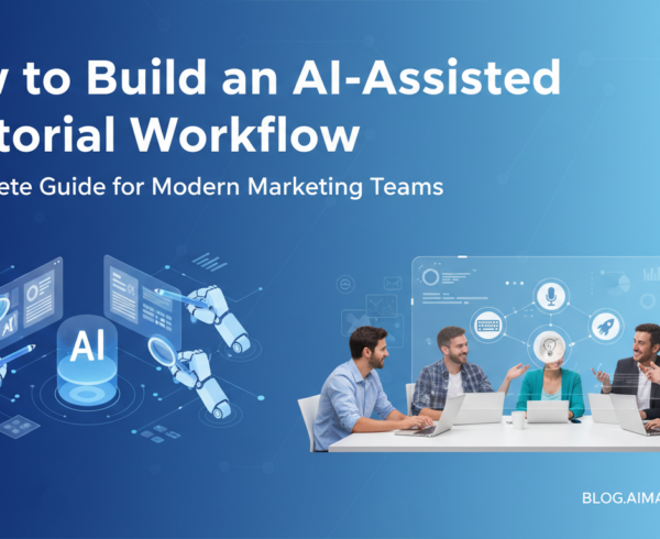 Blog banner with title 'How to Build an AI-Assisted Editorial Workflow' over a modern, tech-themed background.