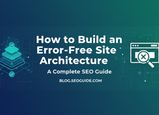 Blog banner with title 'How to Build an Error-Free Site Architecture: A Complete SEO Guide' on a modern tech-themed background.