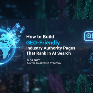 Blog banner with title 'How to Build GEO-Friendly Industry Authority Pages That Rank in AI Search' on a tech-themed background.