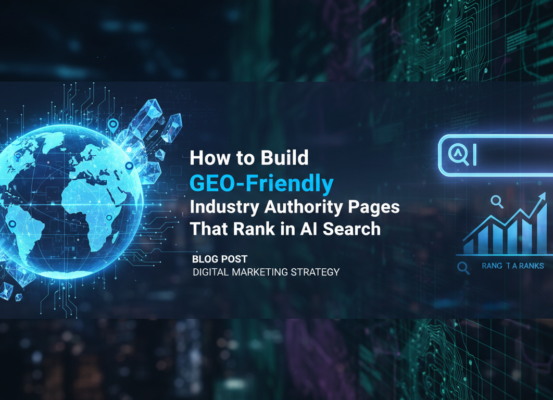 Blog banner with title 'How to Build GEO-Friendly Industry Authority Pages That Rank in AI Search' on a tech-themed background.