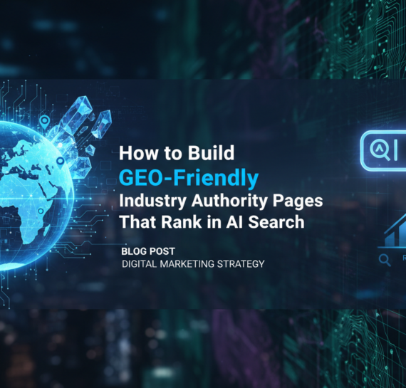 Blog banner with title 'How to Build GEO-Friendly Industry Authority Pages That Rank in AI Search' on a tech-themed background.