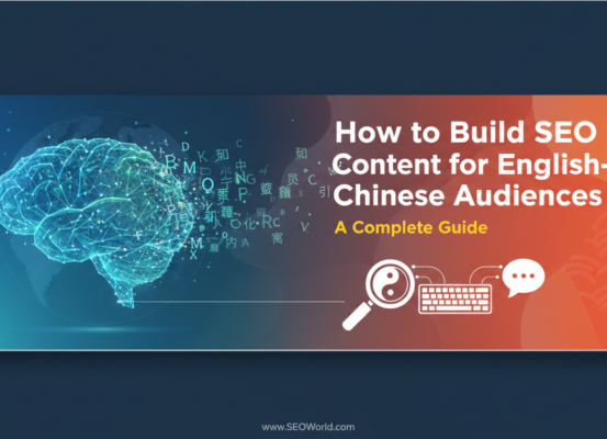 Blog banner with title 'How to Build SEO Content for English-Chinese Audiences: A Complete Guide' on a modern design background.