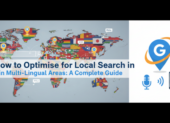 Blog banner with title 'How to Optimise for Local Search in Multi-Lingual Areas: A Complete Guide' in bold font on a colorful background.