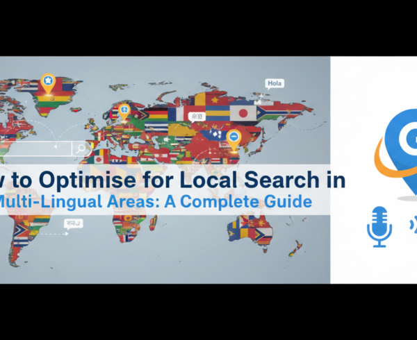 Blog banner with title 'How to Optimise for Local Search in Multi-Lingual Areas: A Complete Guide' in bold font on a colorful background.