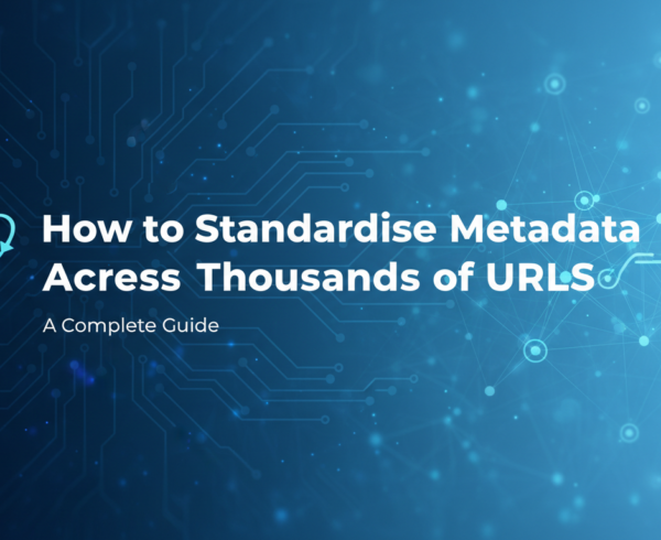 Blog banner with title 'How to Standardise Metadata Across Thousands of URLs: A Complete Guide' on a sleek, modern background.