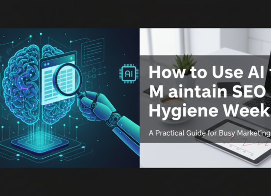 Blog banner with title 'How to Use AI to Maintain SEO Hygiene Weekly: A Practical Guide for Busy Marketing Teams' in bold text.