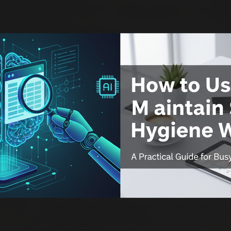 Blog banner with title 'How to Use AI to Maintain SEO Hygiene Weekly: A Practical Guide for Busy Marketing Teams' in bold text.