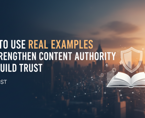 Blog banner with title 'How to Use Real Examples to Strengthen Content Authority and Build Trust' in bold font against a professional, modern background.